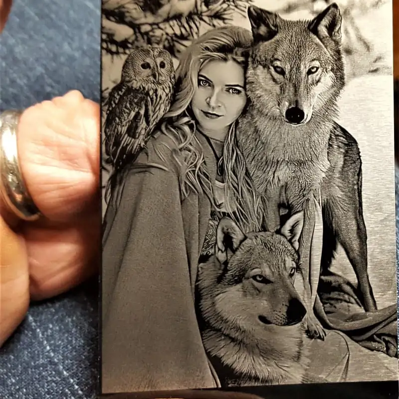 Engraved Alumina Ceramic Laminate ie. Anodized Aluminium Surface Showing Lady with Wolves